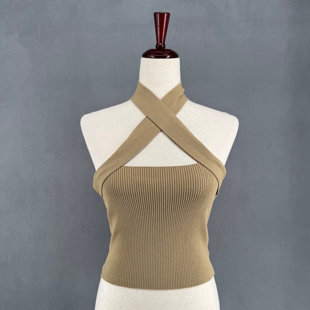 NBD Yvette‎ Halter Top Womens S Tan Ribbed Knit Stretch Neutral Open Back